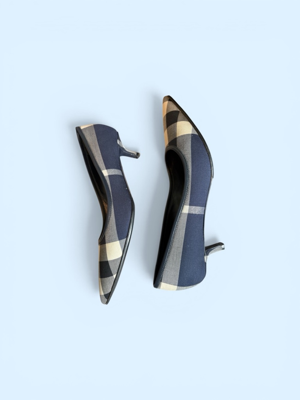Burberry Navy & Beige Check Pointed-Toe Kitten Heels - Picture 2 of 7